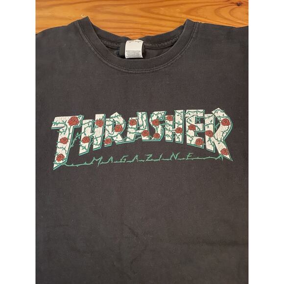 THRASHER SKATE MAGAZINE MENS SHIRT Large BLACK TEE T-SHIRT THORN ROSES COTTON - Picture 1 of 4